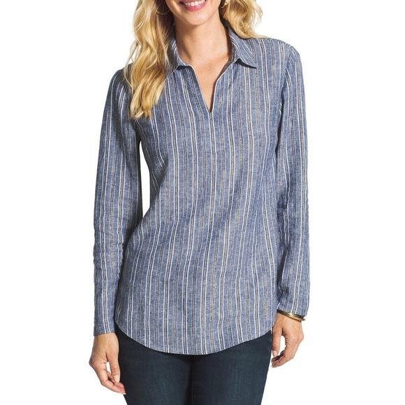 Chico’s Linen‎ Chambray Shimmer Sparkle Stripe Collared Tunic - Picture 1 of 16